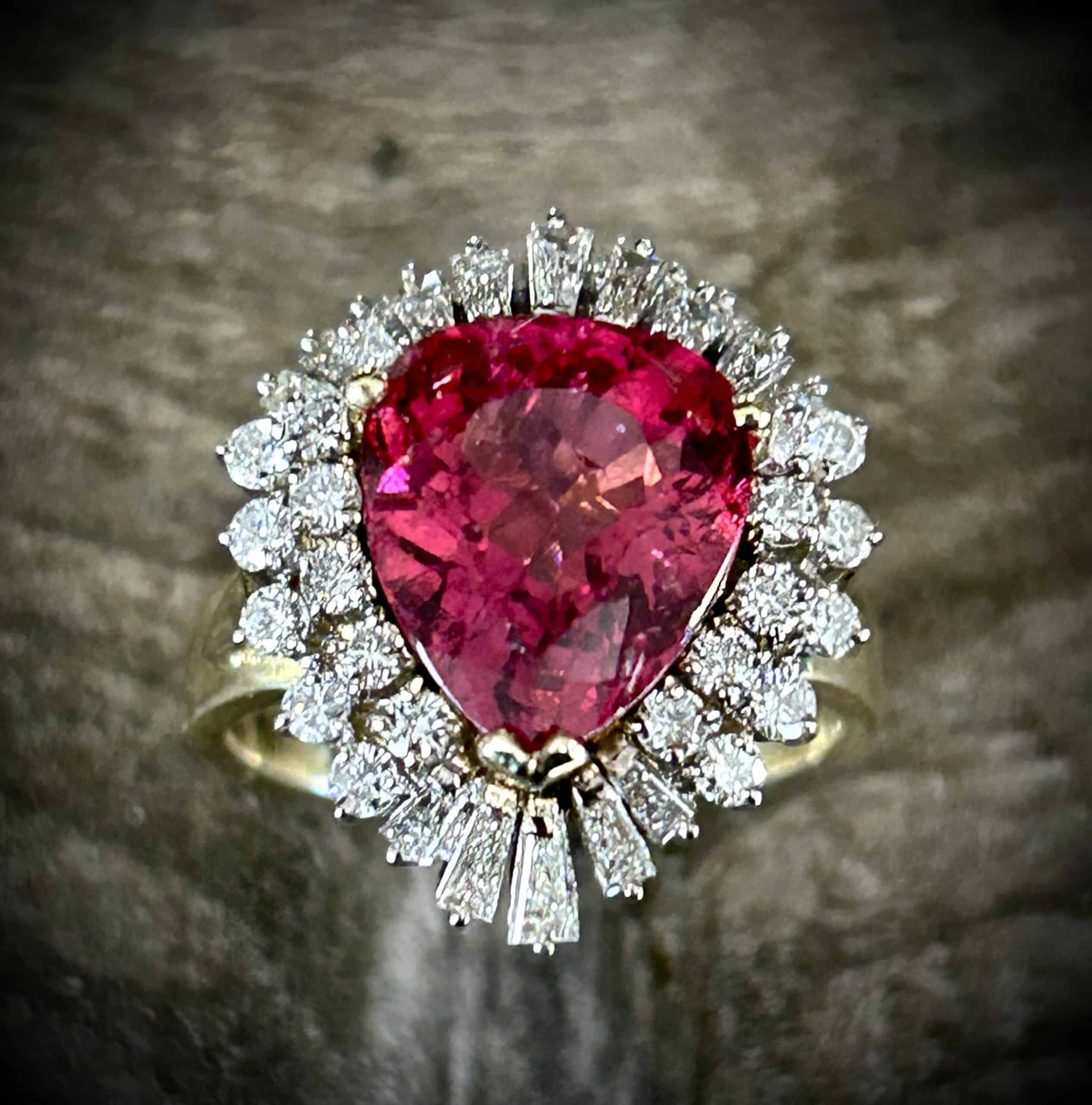 Luxury Pink Gemstone Ring With Pear Tourmaline And Baguette Diamonds