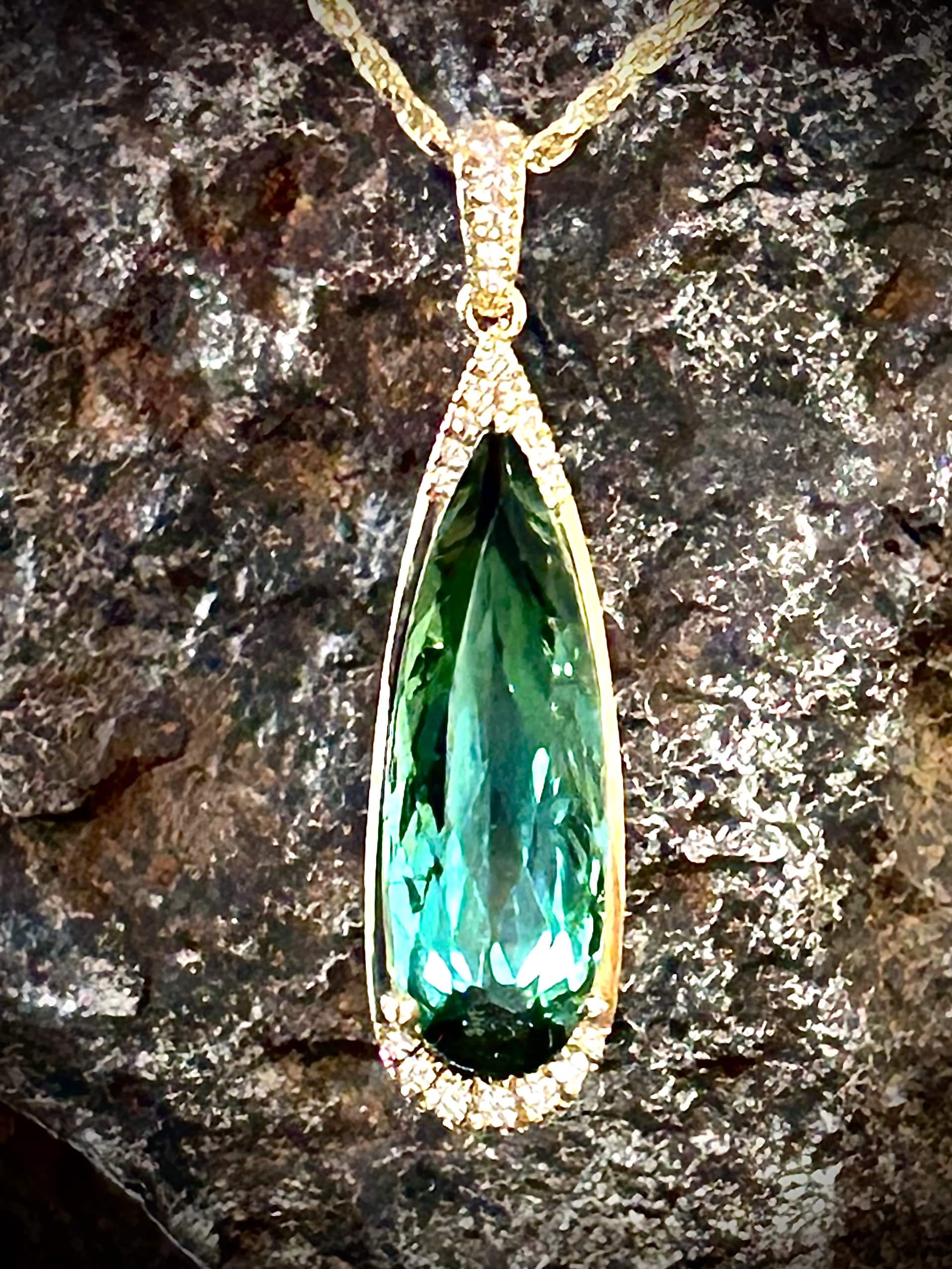 Elongated Green Tourmaline Diamond Pendant In 14K Yellow Gold