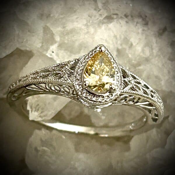 Petite Yellow Pear Shape Diamond Ring In 14K White Gold Filigree