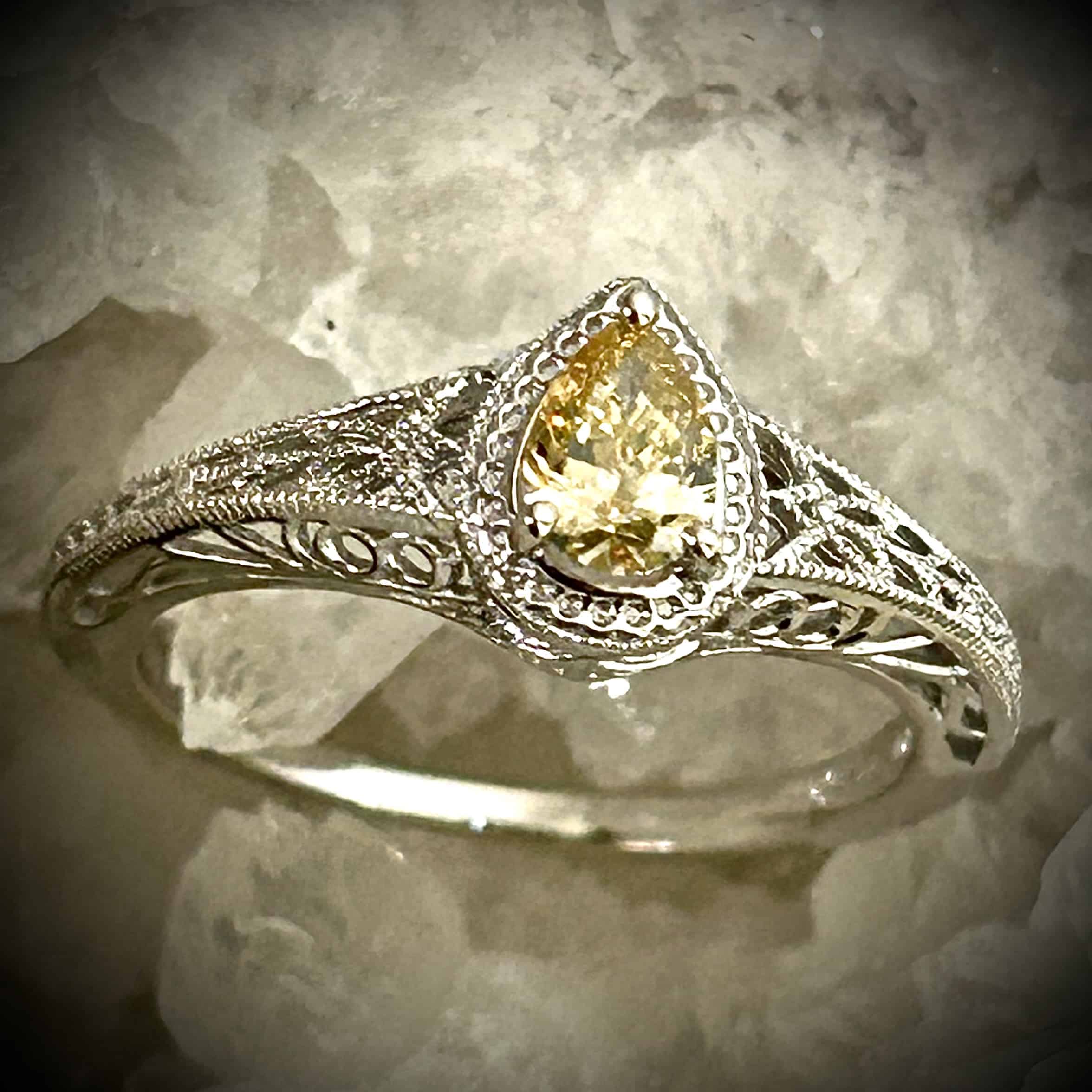 Petite Yellow Pear Shape Diamond Ring In 14K White Gold Filigree