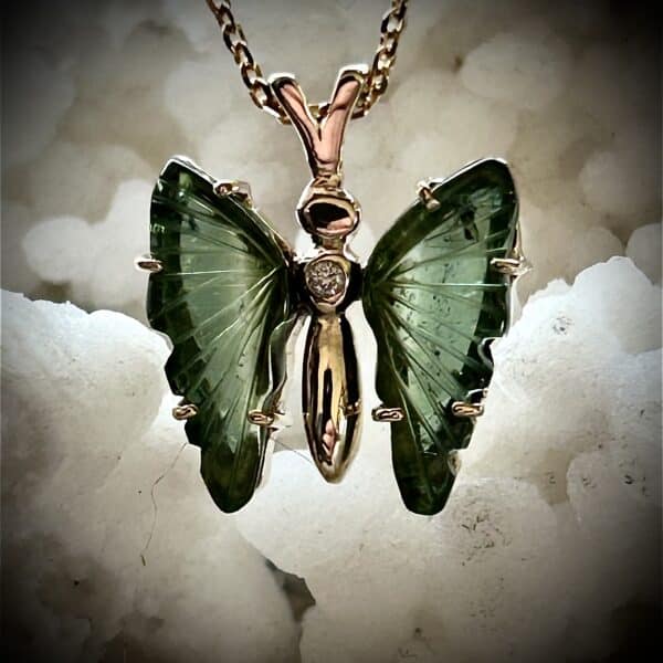 Gold Butterfly Pendant With Green Tourmaline Wings &Amp; Diamond Accents