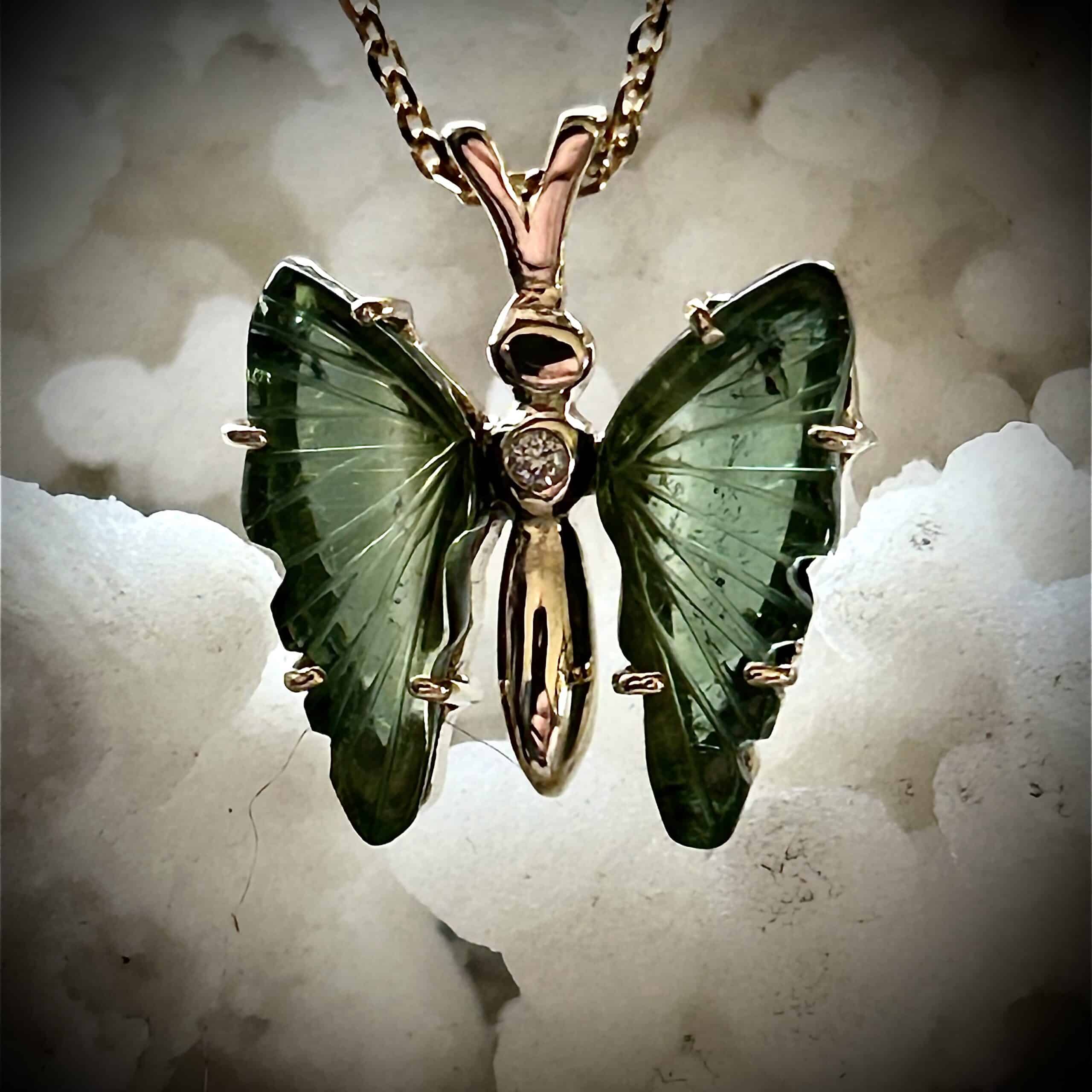 Gold Butterfly Pendant With Green Tourmaline Wings &Amp;Amp; Diamond Accents