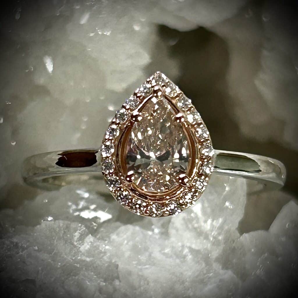 Pear Shape Pink Orange Diamond Set In A Two Tone Gold Ring - One Of A Kind!