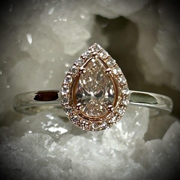 Pear Shape Pink Orange Diamond Set In A Two Tone Gold Ring - One Of A Kind!