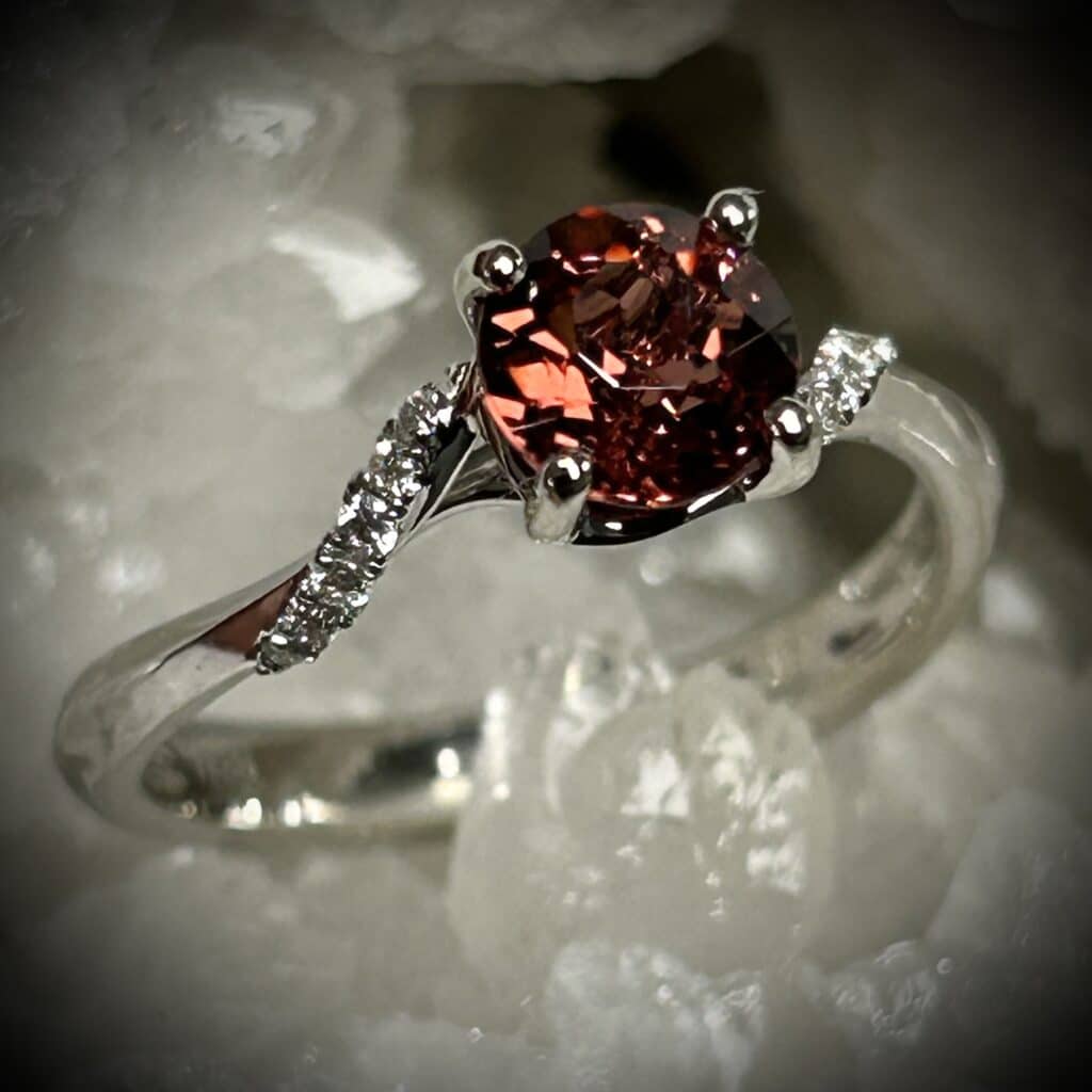 Pink Salmon Colored Tourmaline &Amp; Diamond Ring By Rivers Edge Gems (Side View)
