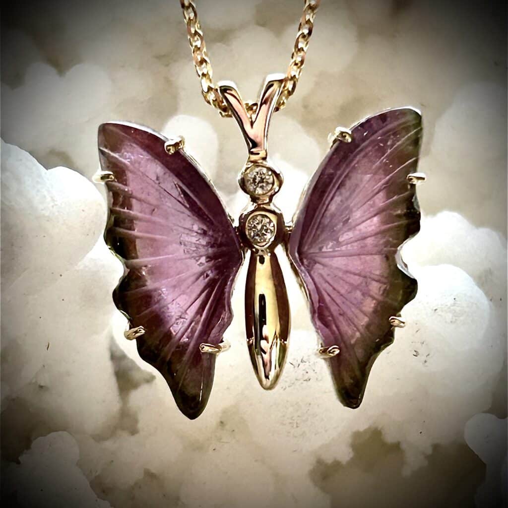 Gold Butterfly Pendant With Pink Tourmaline Wings Green Tourmaline Edges &Amp; Diamond Accent
