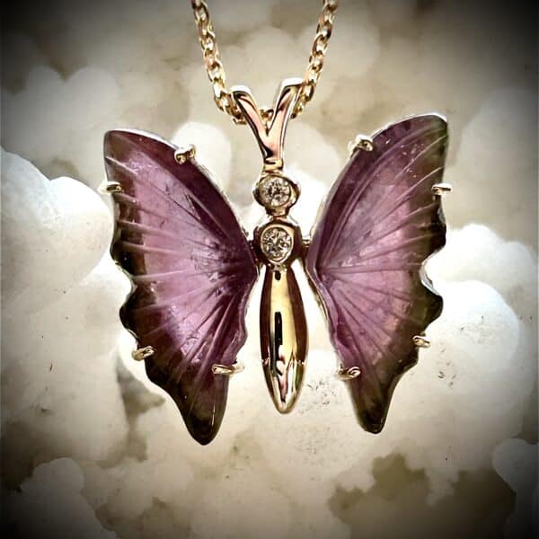 Gold Butterfly Pendant With Pink Tourmaline Wings Green Tourmaline Edges &Amp; Diamond Accent