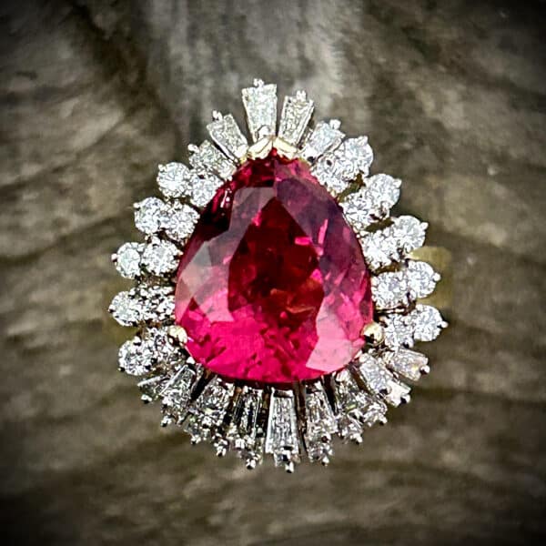 Pear Shape Pink Tourmaline Ring With Diamond Accents In 18K Yellow Gold