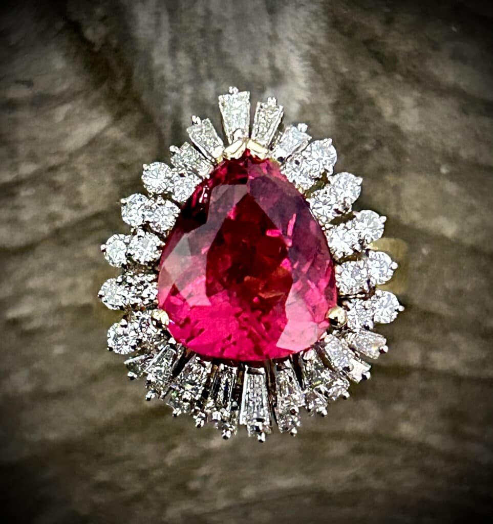 Pear Shape Pink Tourmaline Ring With Diamond Accents In 18K Yellow Gold