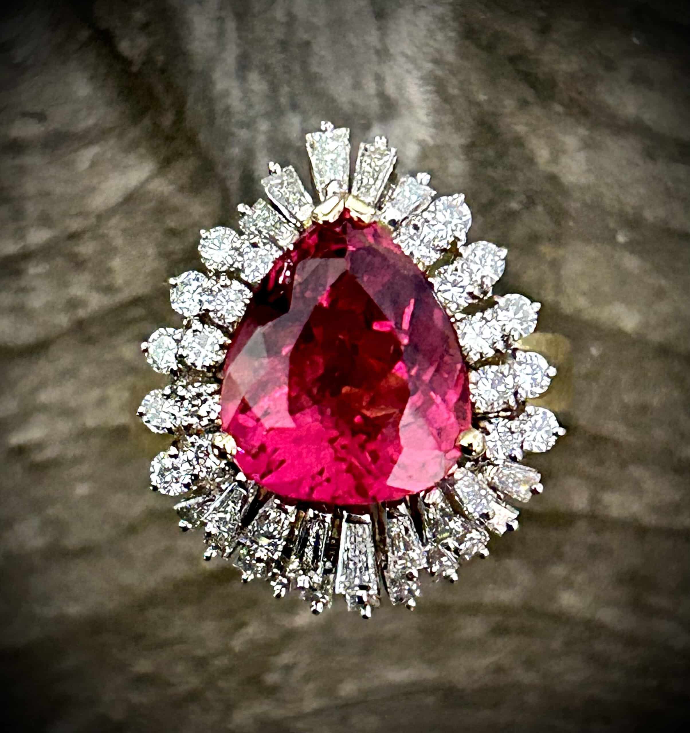 Pear Shape Pink Tourmaline Ring With Diamond Accents In 18K Yellow Gold