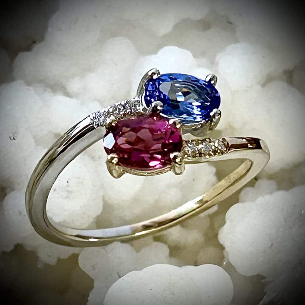 Pink Tourmaline Tanzanite Diamond Bypass Ring Set In 14K Two-Tone Gold