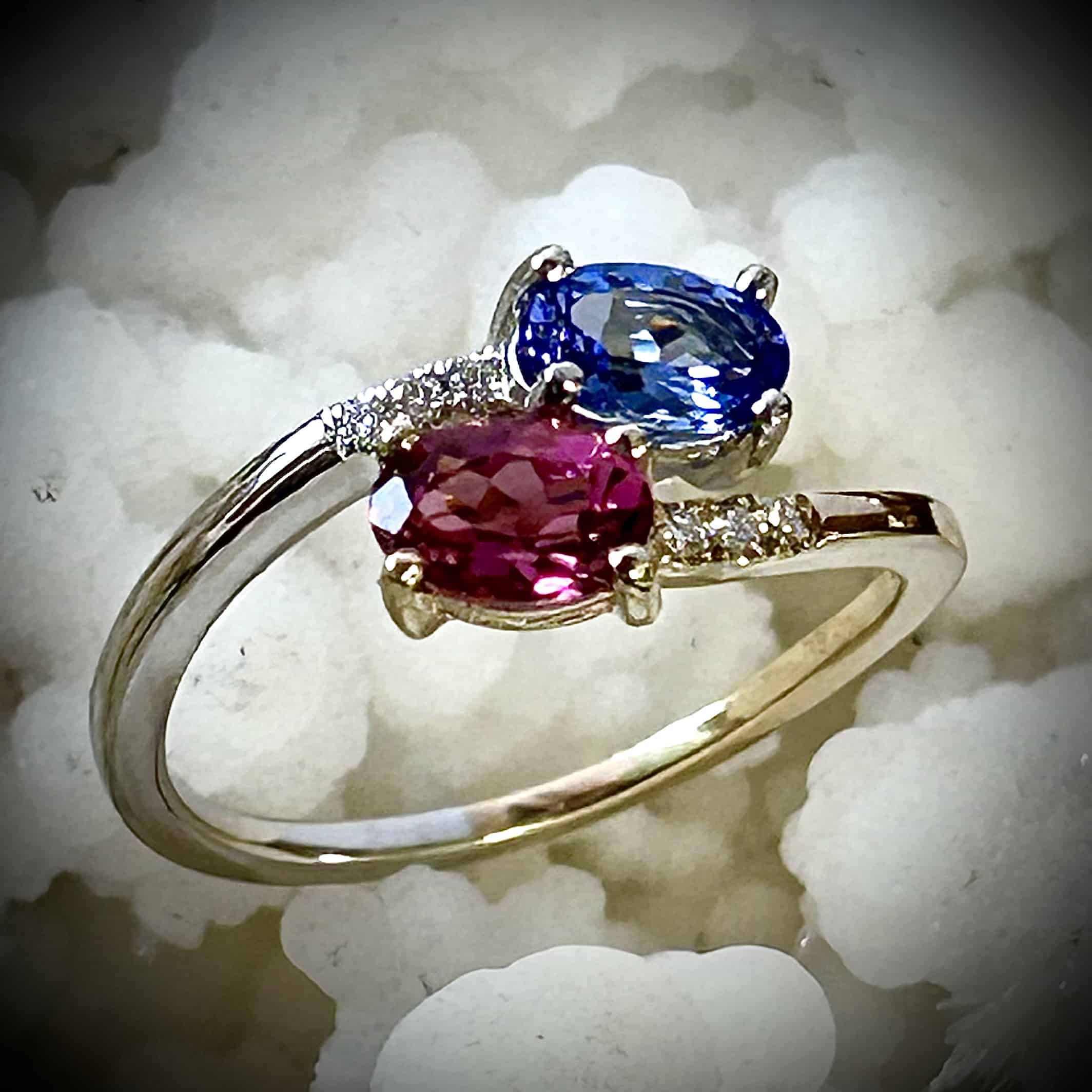 Pink Tourmaline Tanzanite Diamond Bypass Ring Set In 14K Two-Tone Gold