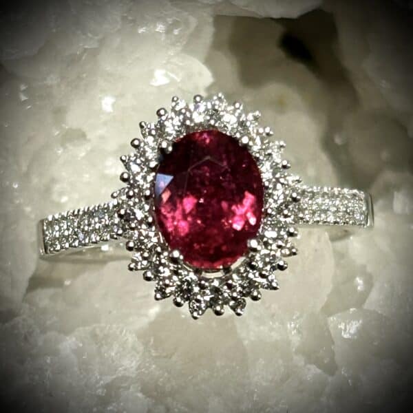 Rubellite Diamond Ring In 14K White Gold Featuring 1.28-Carat Rubellite Tourmaline And 66 Natural Diamonds