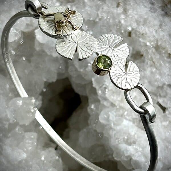 Custom Sterling Silver Lily Pad, 14K Gold Frog, &Amp;Amp; Peridot Silver Bracelet