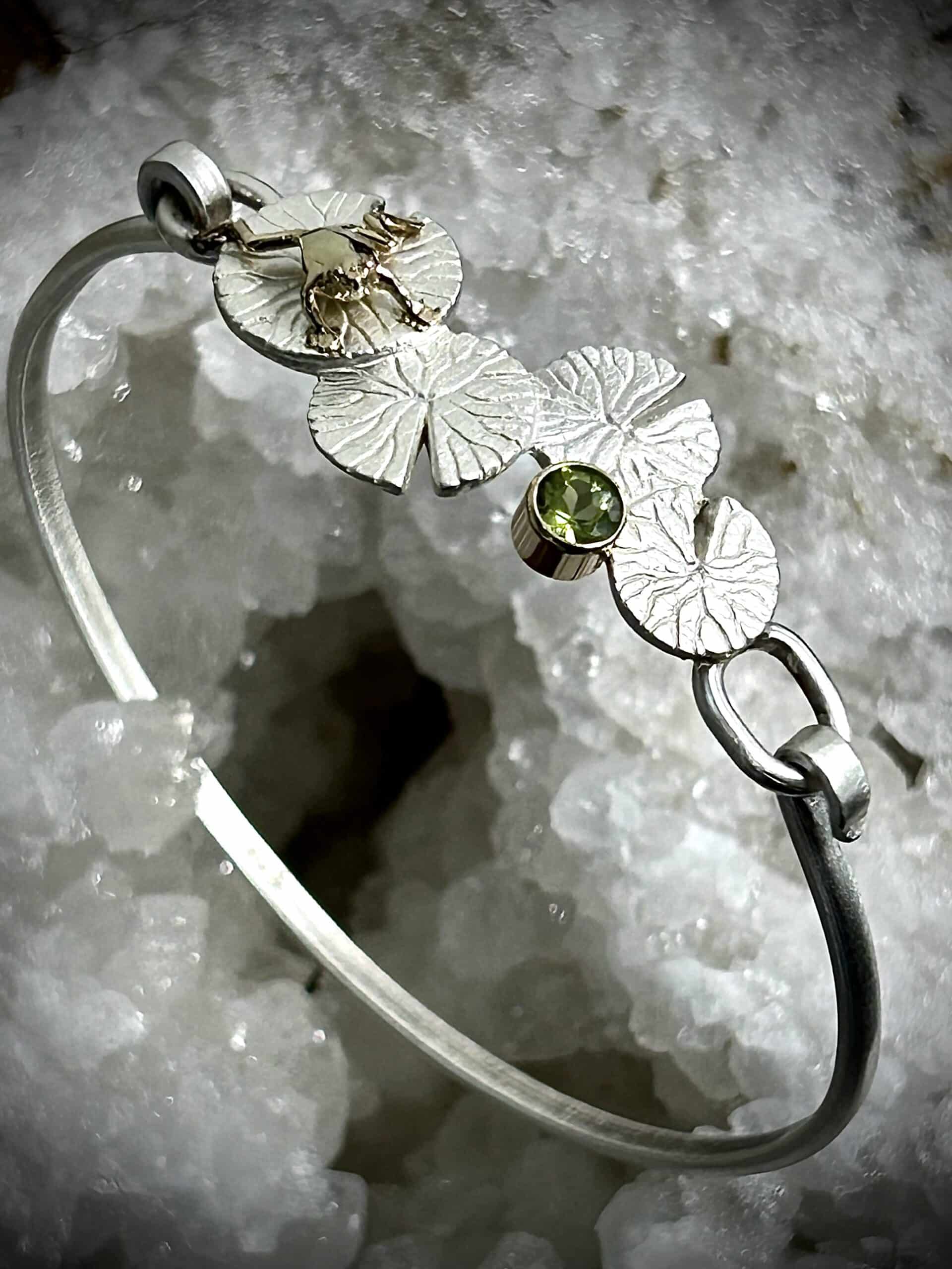 Custom Sterling Silver Lily Pad, 14K Gold Frog, &Amp;Amp; Peridot Silver Bracelet