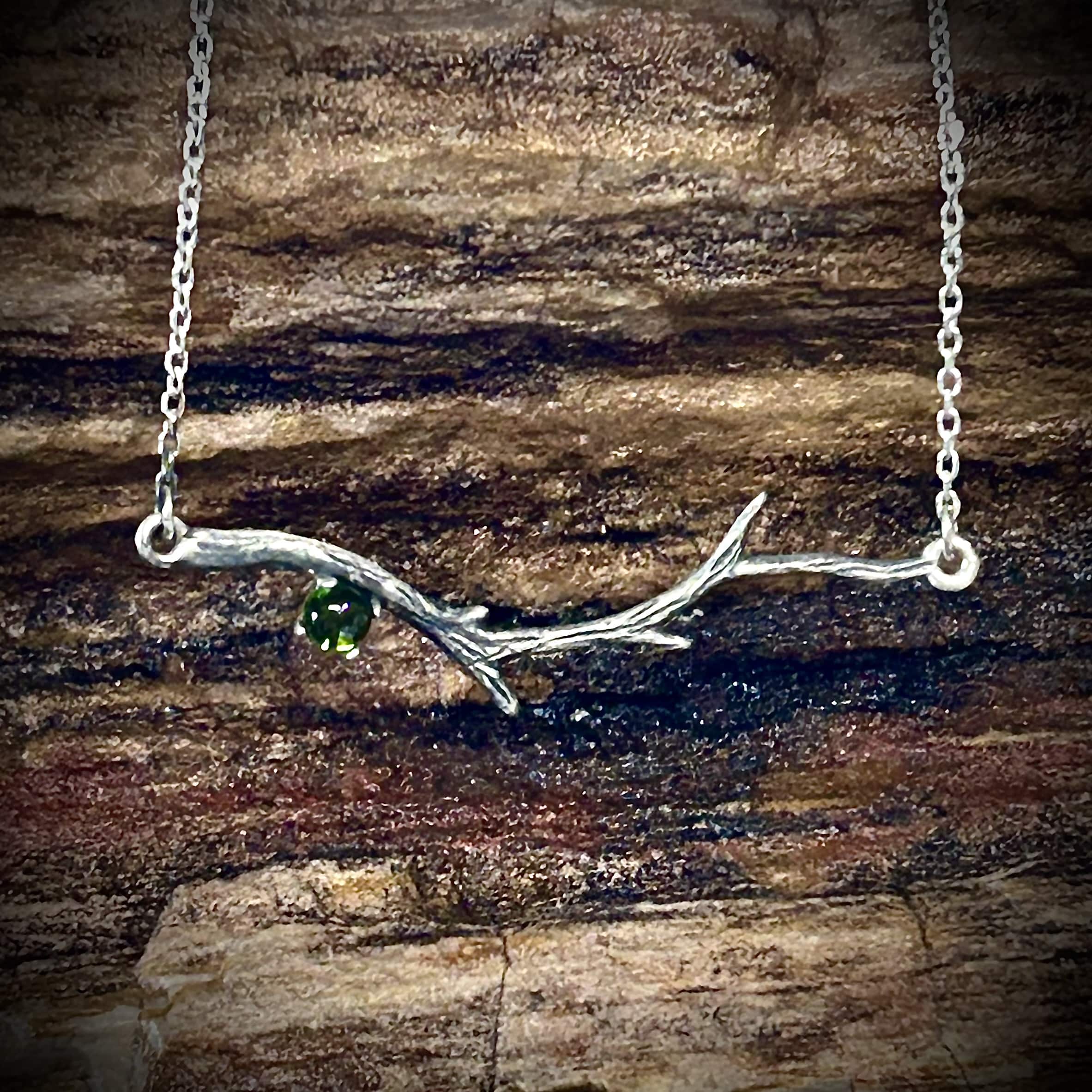 Sterling Silver Tree Branch Necklace With Green Tourmaline Gemstone By River'S Edge Gems