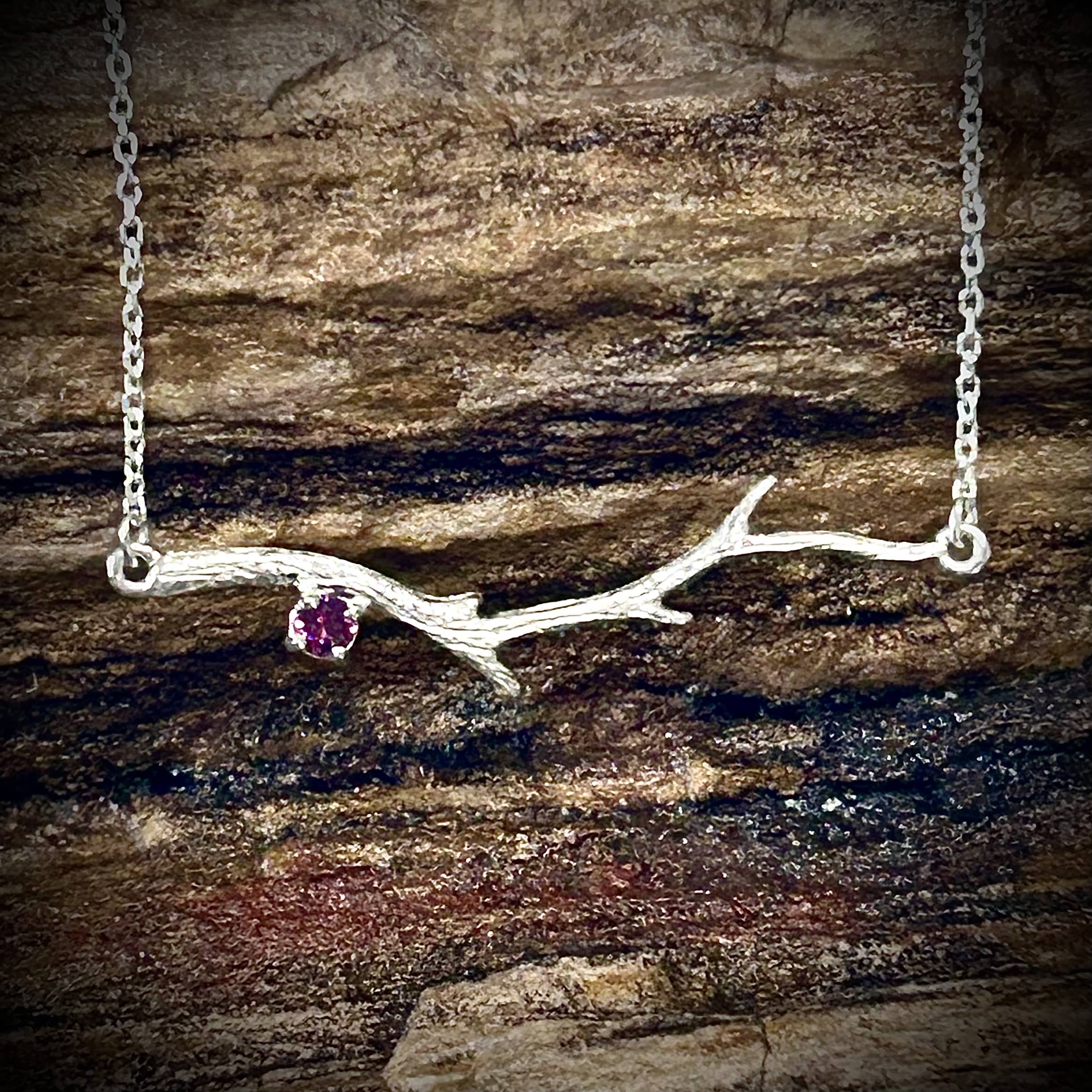 Silver Tree Branch Pendant Necklace With Gemstone