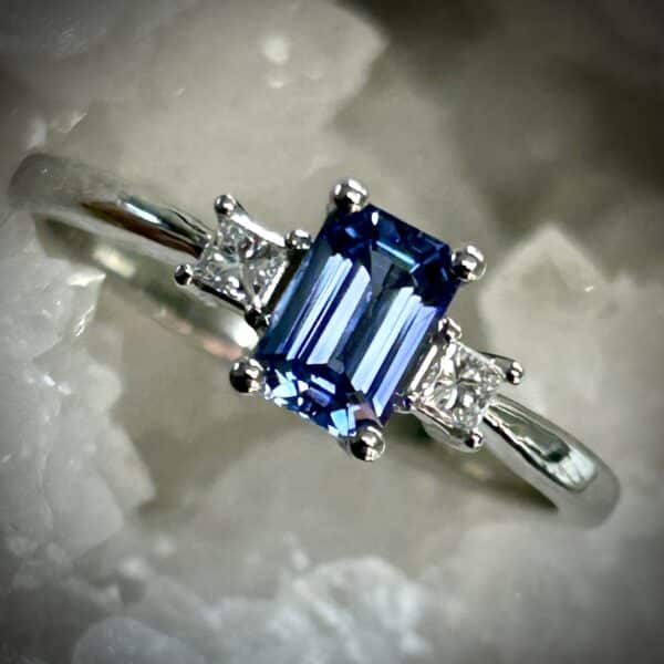 Blue Sapphire Diamond Ring With Step Cut Center Stone In White Gold By River'S Edge Gems