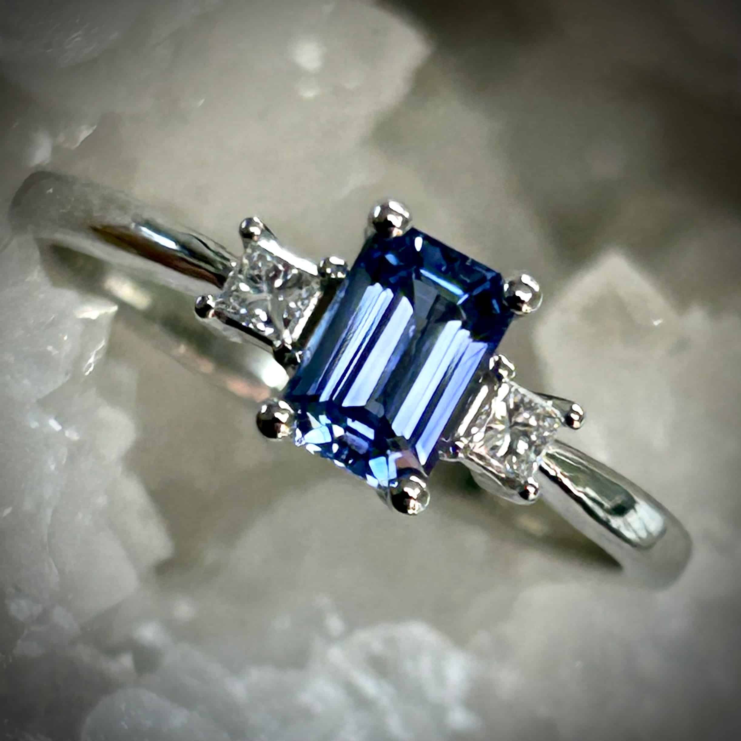 Blue Sapphire Diamond Ring With Step Cut Center Stone In White Gold By River'S Edge Gems