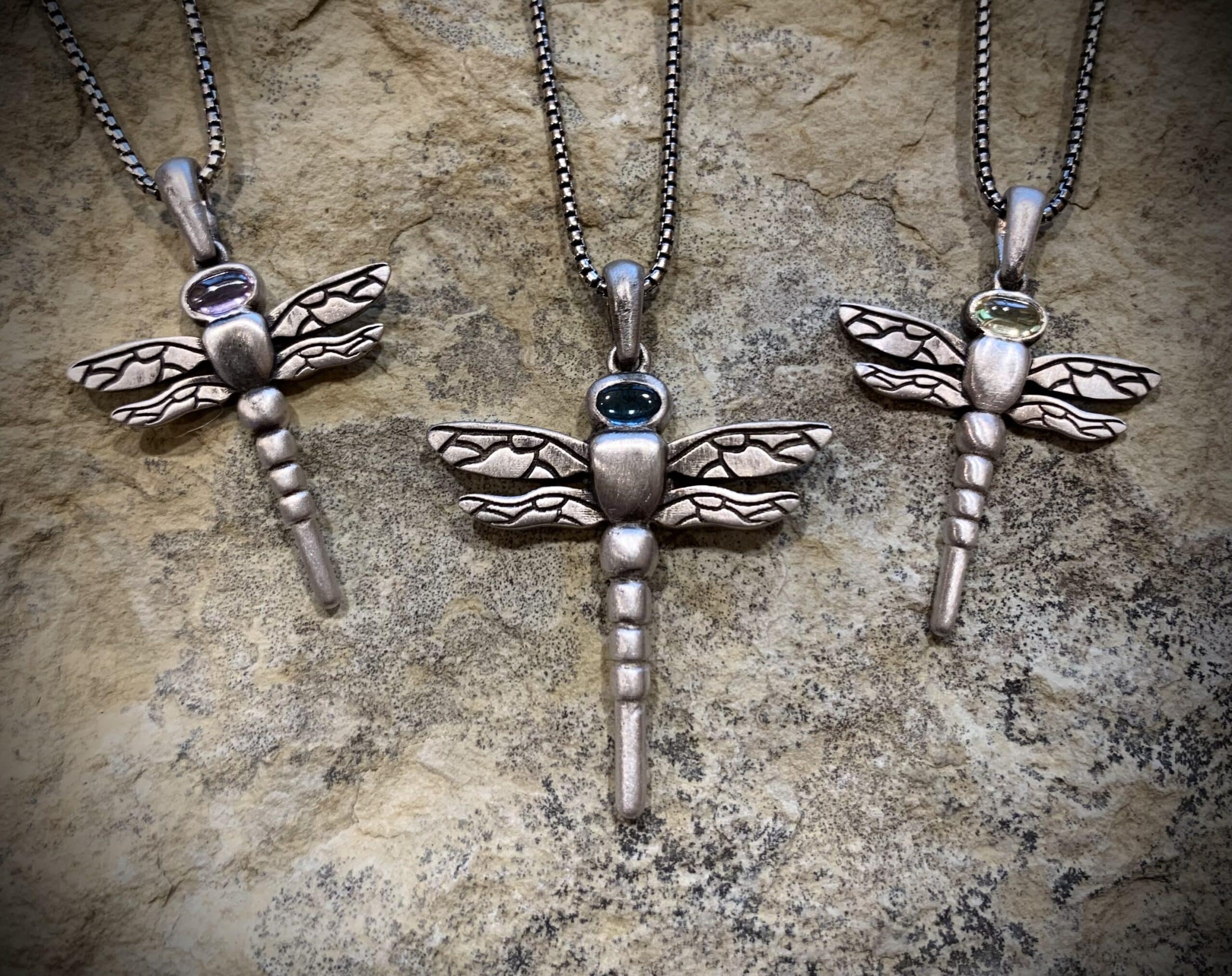 Handcrafted Sterling Silver Dragonfly Pendant Necklace With Cabochon Gemstone By River’s Edge Gems