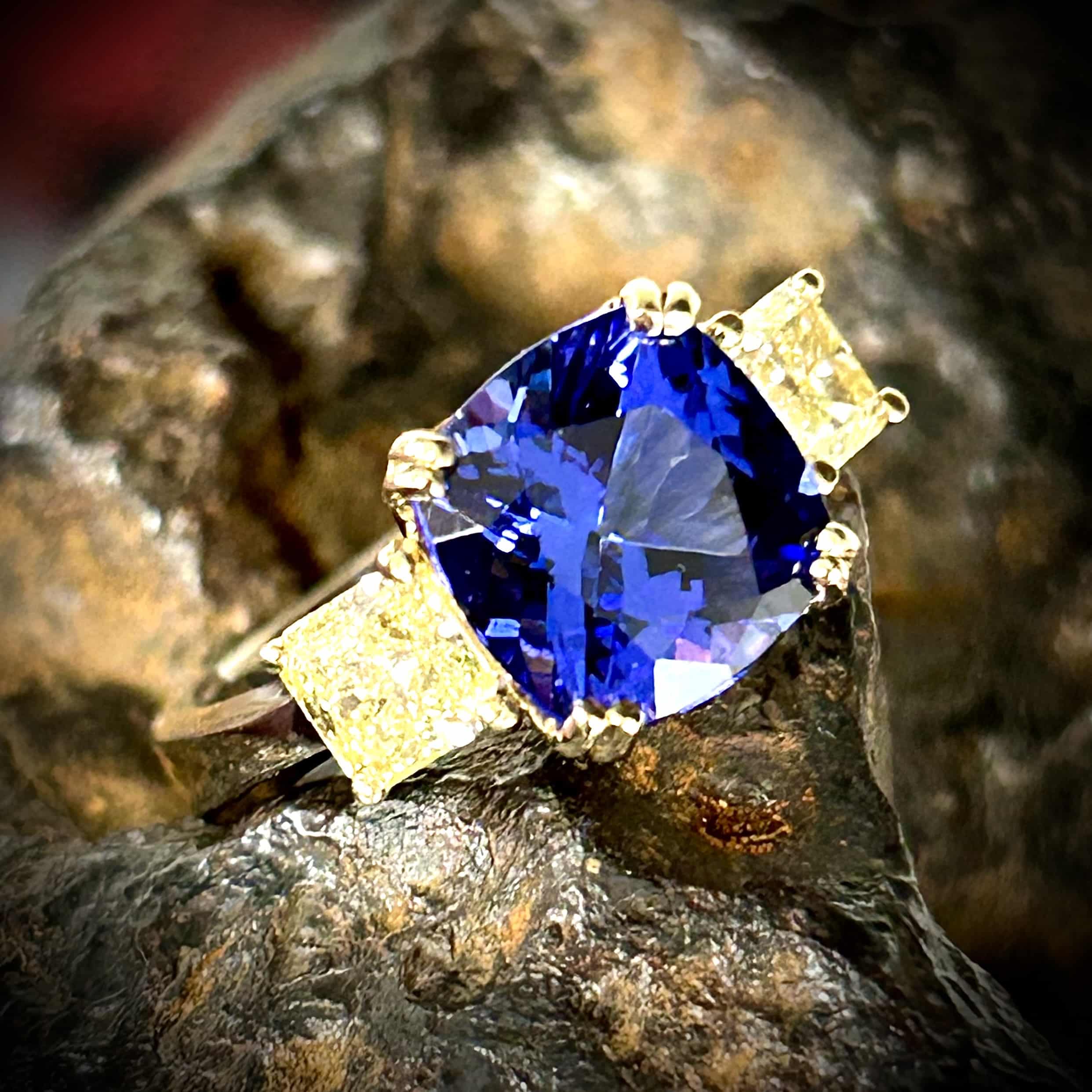Rare Tanzanite Yellow Diamond Ring Close-Up View Set In 18K Two Tone Gold.