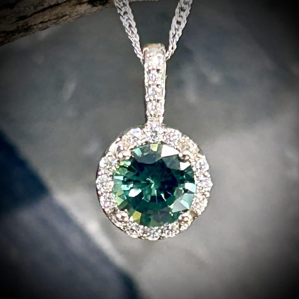 Round Teal Green Sapphire Diamond Pendant Set In 14K White Gold By River'S Edge Gems