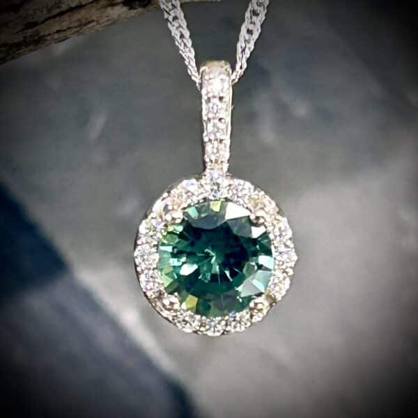 Round Teal Green Sapphire Diamond Pendant Set In 14K White Gold By River'S Edge Gems