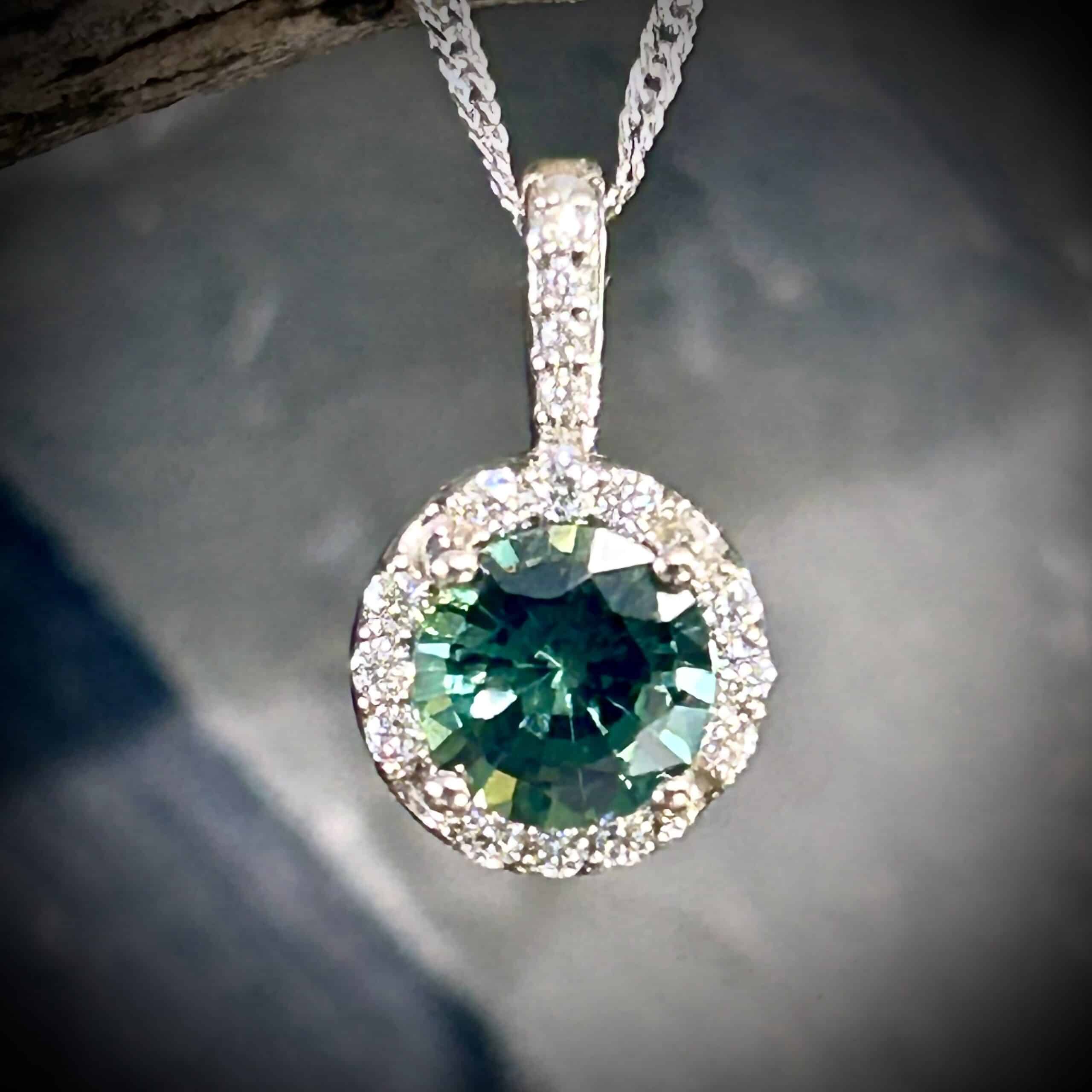 Round Teal Green Sapphire Diamond Pendant Set In 14K White Gold By River'S Edge Gems
