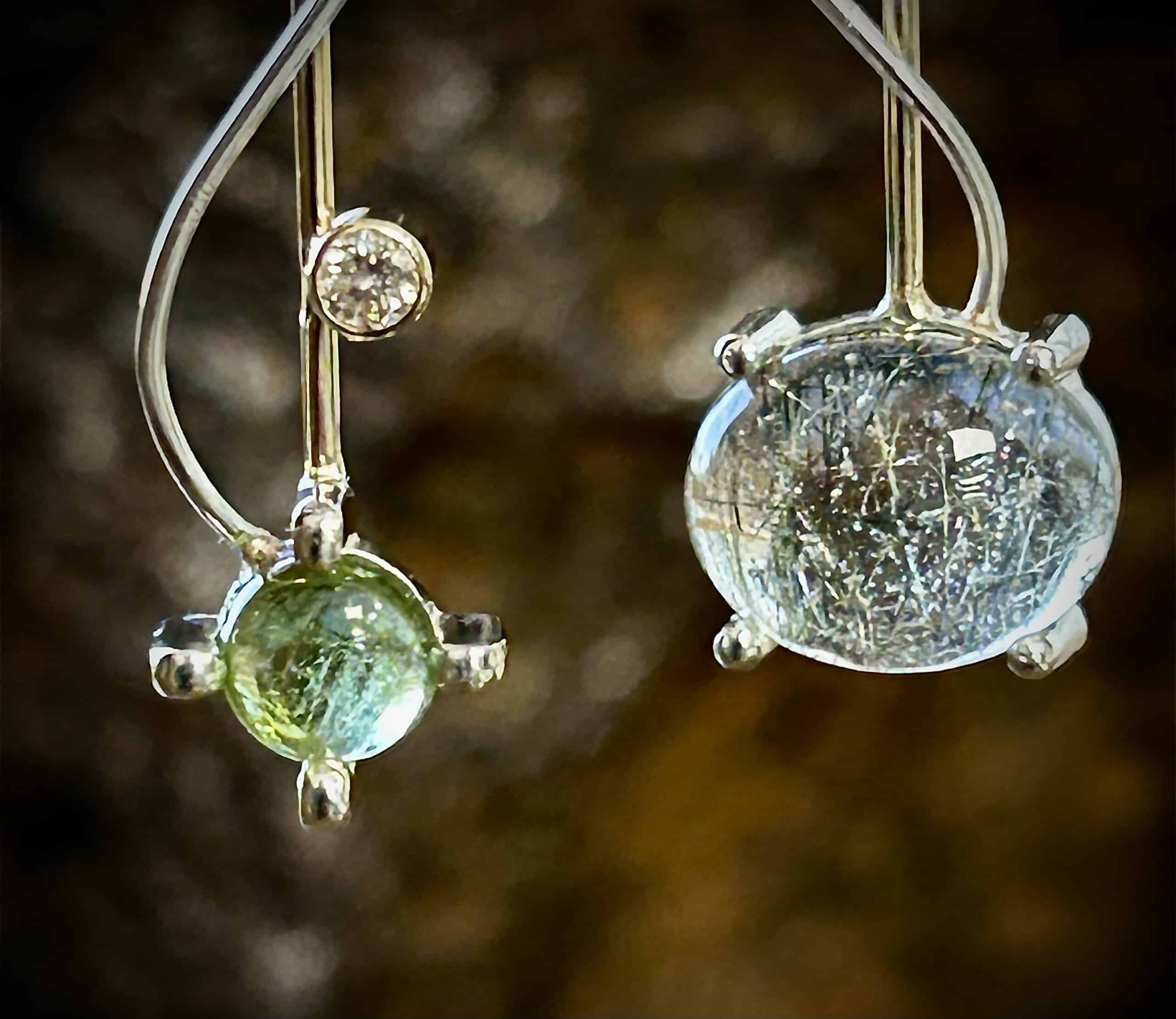 Handmade Quartz Earrings With Black Tourmaline Inclusions And Green Tourmaline Gemstones