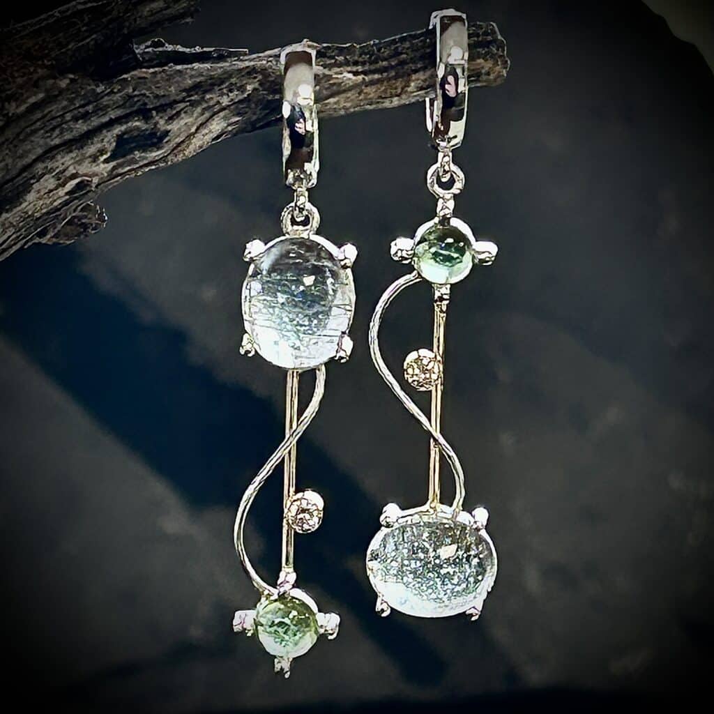 Tourmalinated Quartz With Green Tourmaline &Amp; Diamonds - Handmade Earrings
