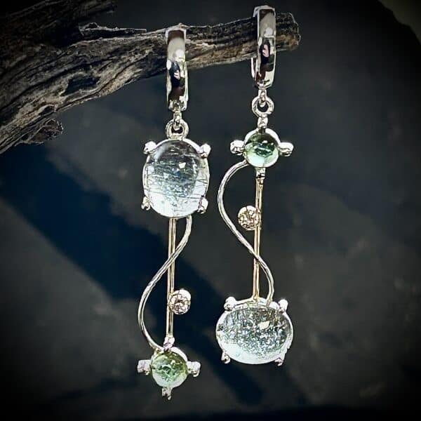 Tourmalinated Quartz With Green Tourmaline &Amp; Diamonds - Handmade Earrings