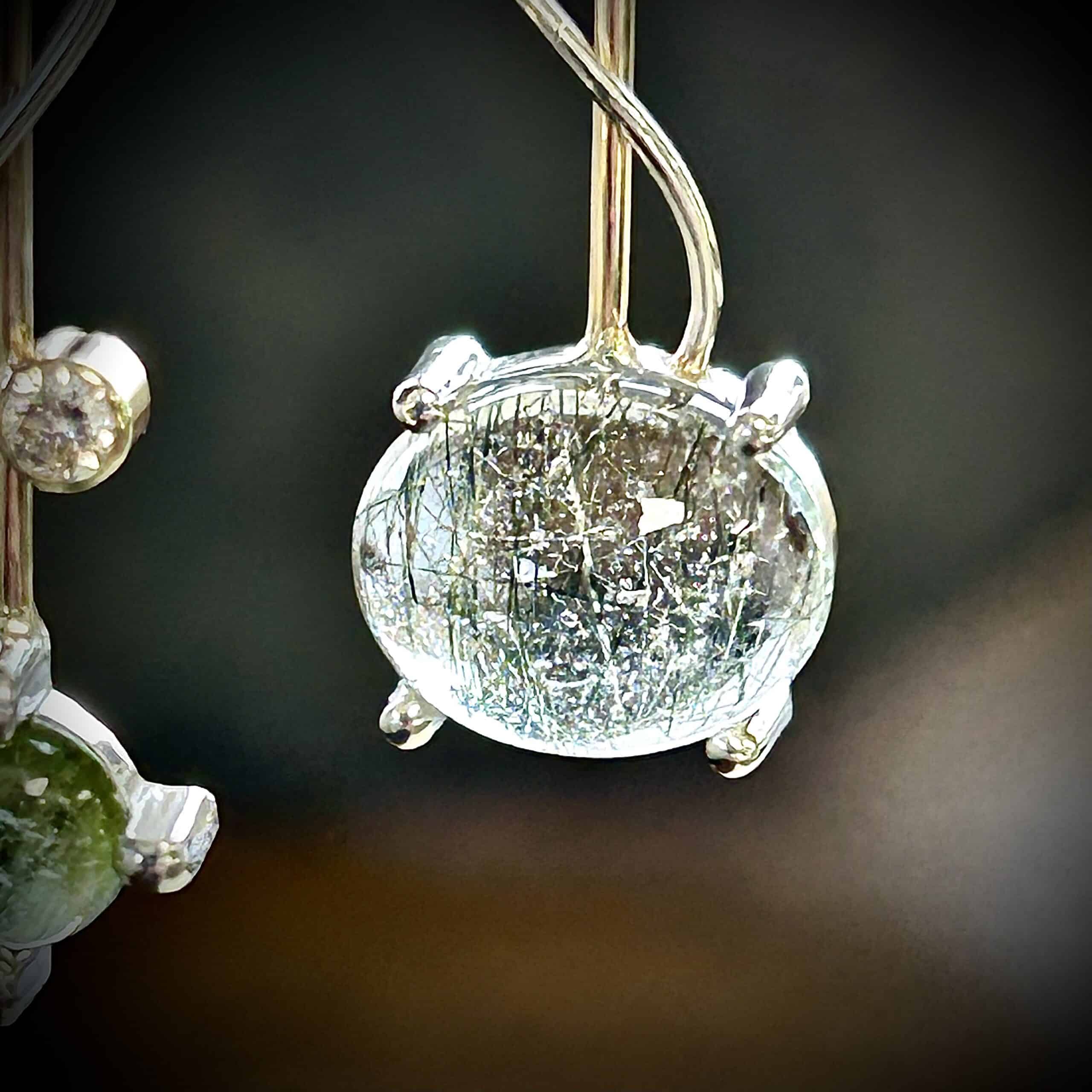 Mixed Metal Earrings With Tourmalinated Quartz, Rutilated Quartz, Green Tourmaline, And Diamonds