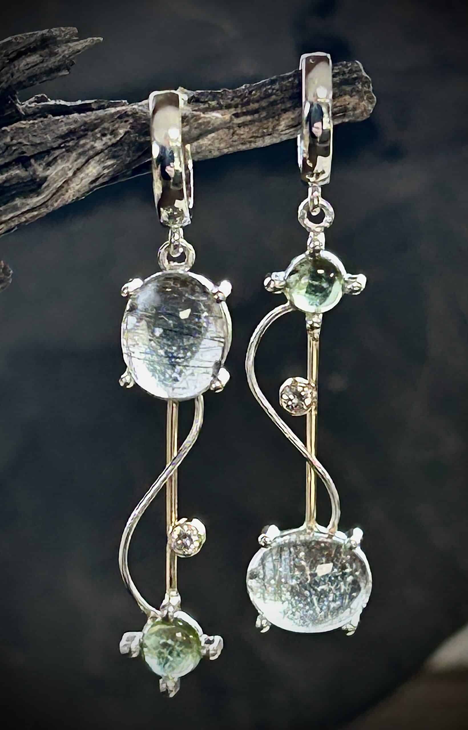 Tourmalinated Quartz And Green Tourmaline Earrings With Diamond Accents In Sterling Silver And Gold