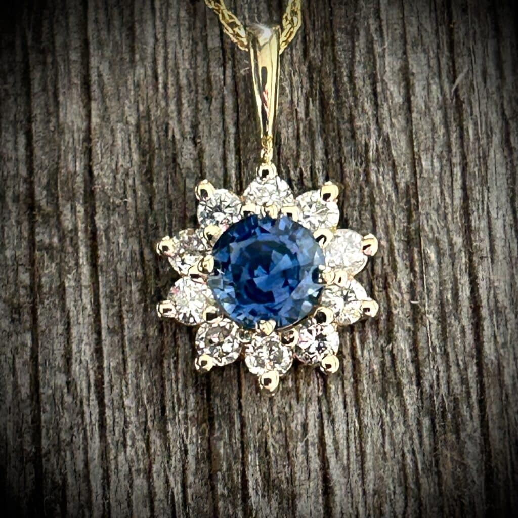 Velvet Blue Sapphire Diamond Pendant Set In 14K Yellow Gold