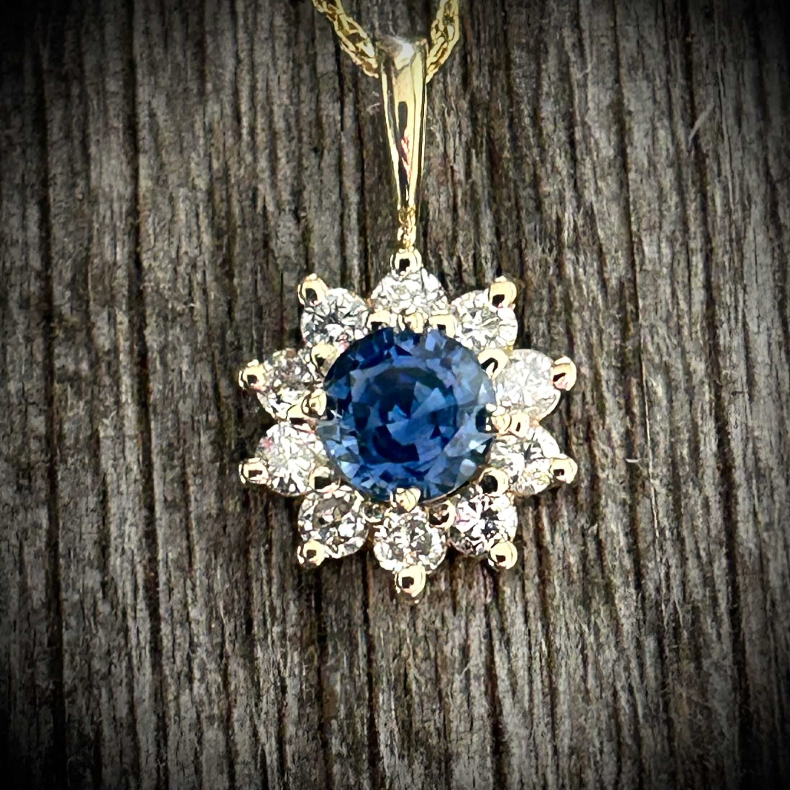 Velvet Blue Sapphire Diamond Pendant Set In 14K Yellow Gold