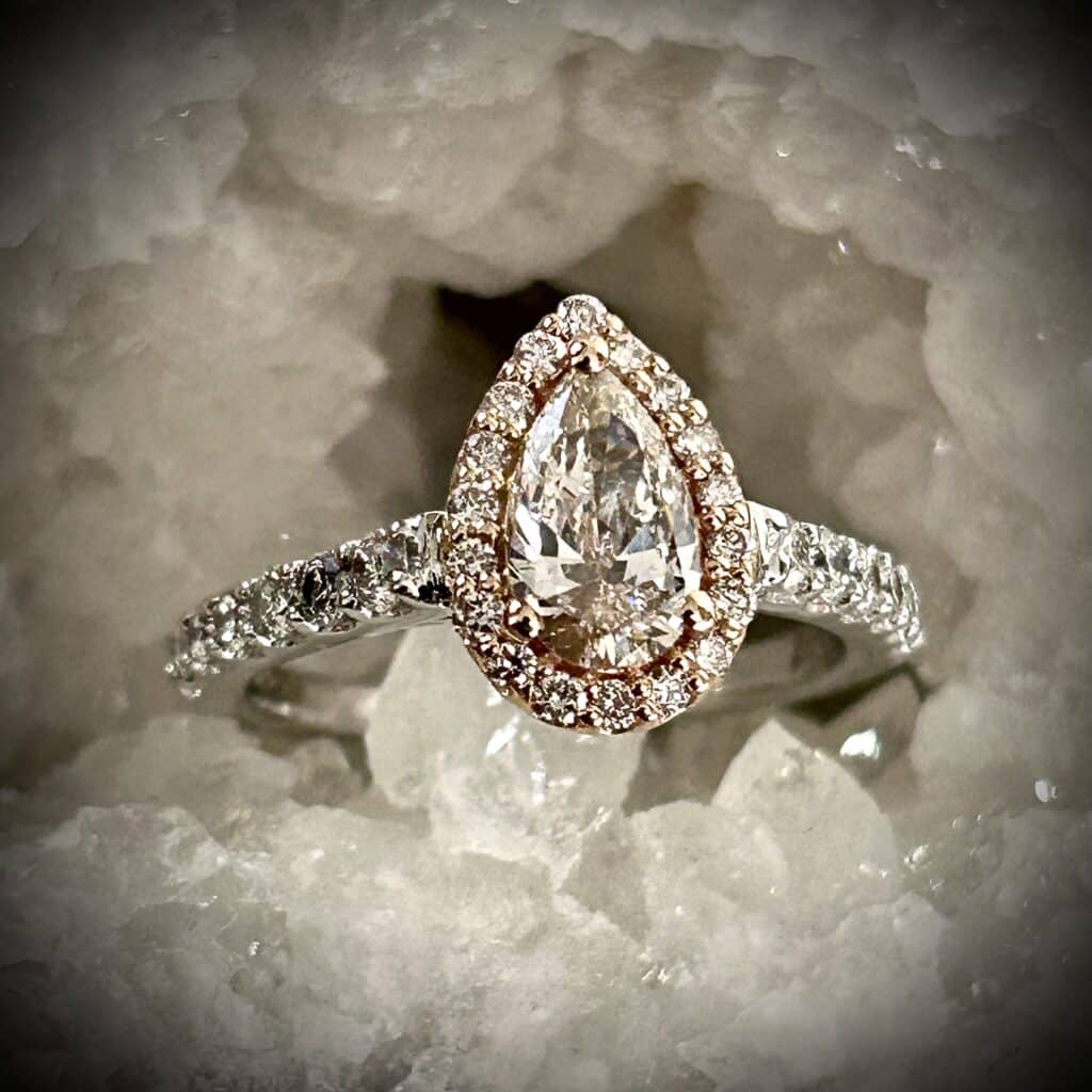 Pear Shape Light Pink Champagne Diamond Ring In 14K White And Rose Gold.