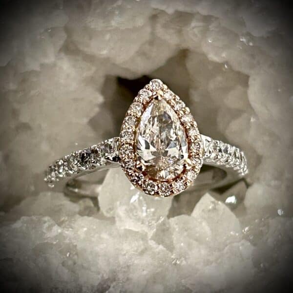Pear Shape Light Pink Champagne Diamond Ring In 14K White And Rose Gold.