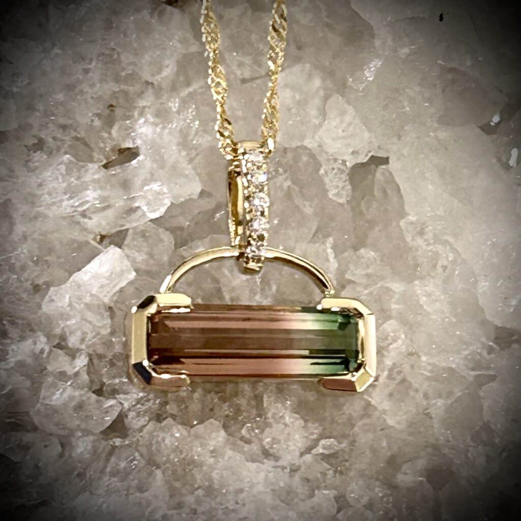 Watermelon Tourmaline Diamond Pendant With Natural Bicolor Gemstone.