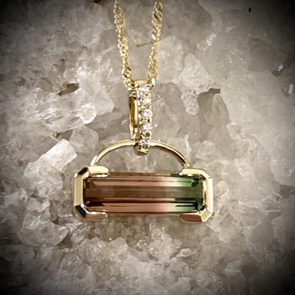 Watermelon Tourmaline Diamond Pendant With Natural Bicolor Gemstone.