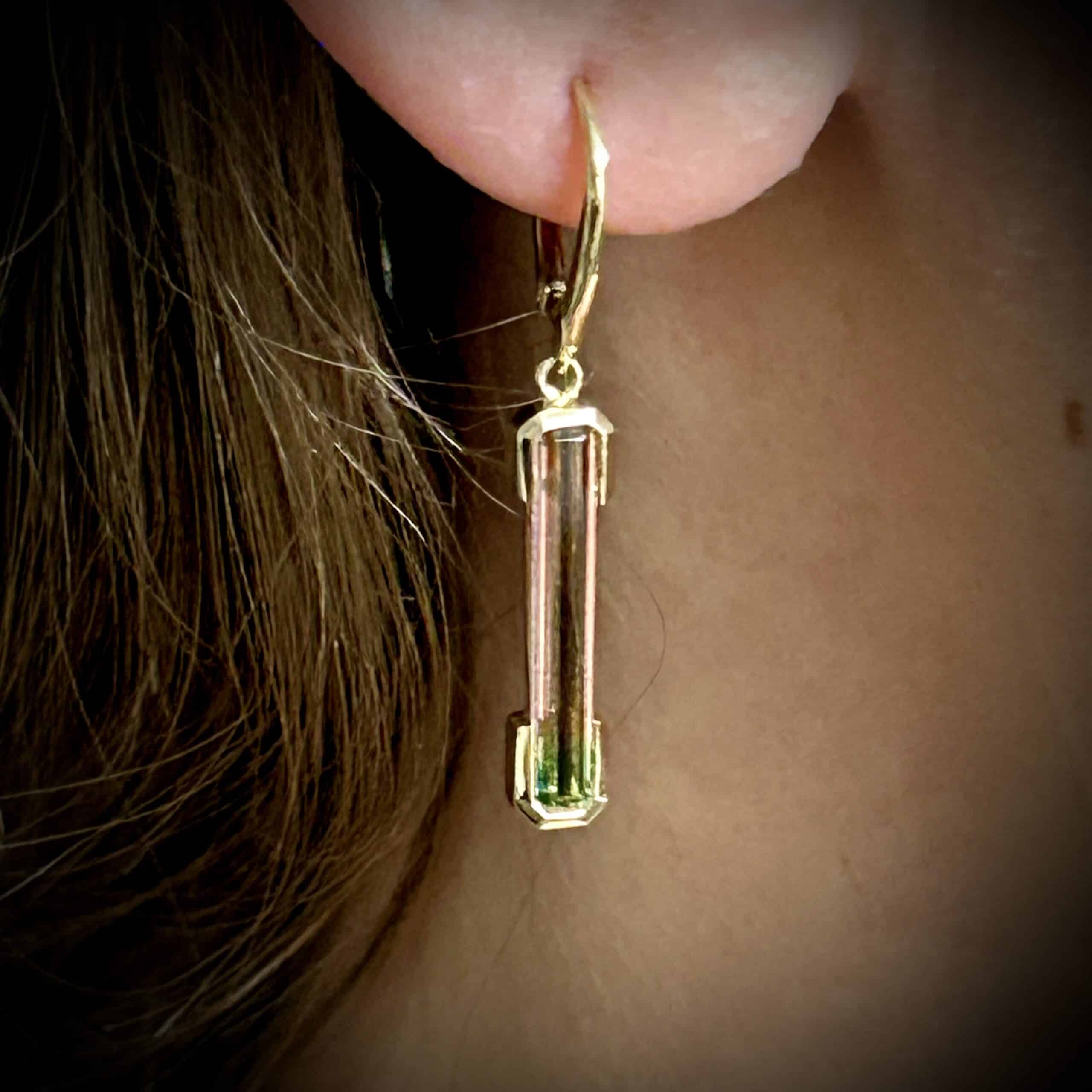 Close-Up Of Natural Bi-Color Watermelon Tourmaline Gemstone Earrings
