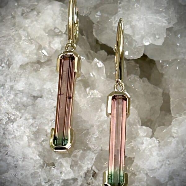 Bi-Color Watermelon Tourmaline Drop Earrings Set In 14K Yellow Gold