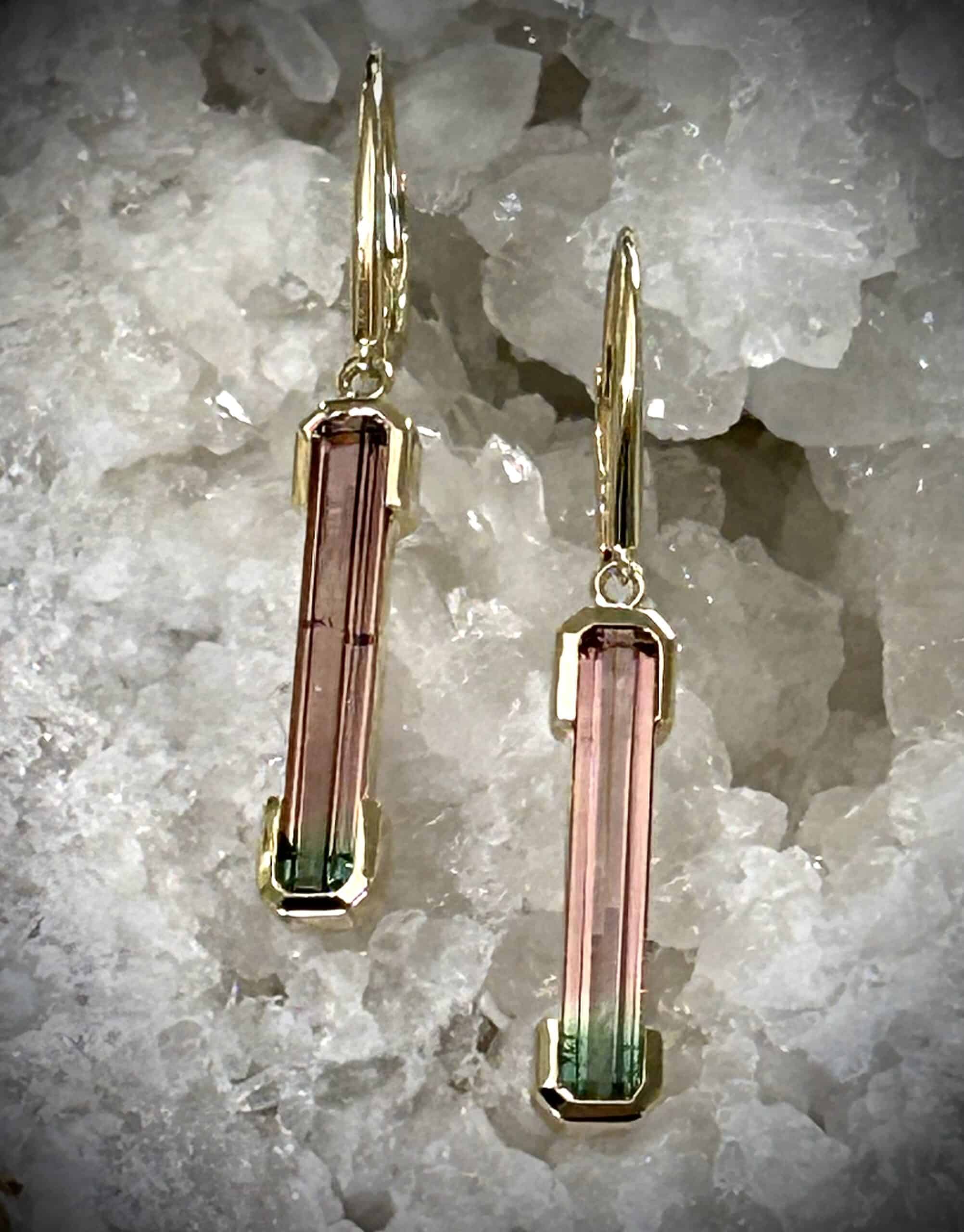 Bi-Color Watermelon Tourmaline Drop Earrings Set In 14K Yellow Gold