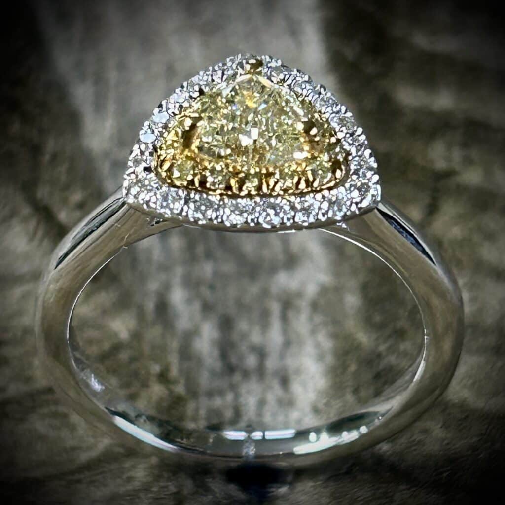Fancy Yellow Trillion Diamond Ring In 14K Two Tone White And Yellow Gold