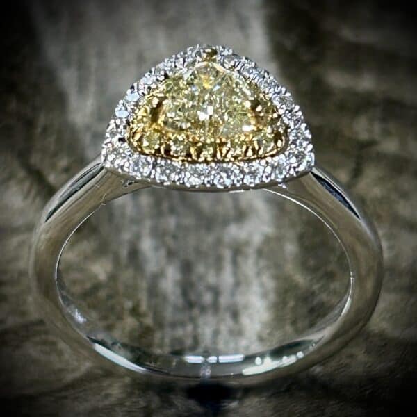 Fancy Yellow Trillion Diamond Ring In 14K Two Tone White And Yellow Gold